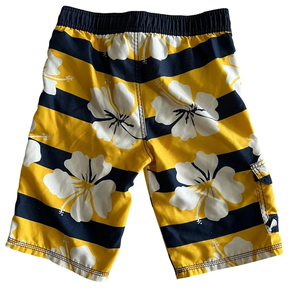 Gymboree Swim Trunks Size 7 Yellow Navy Blue Excellent Hibiscus Striped Cargo